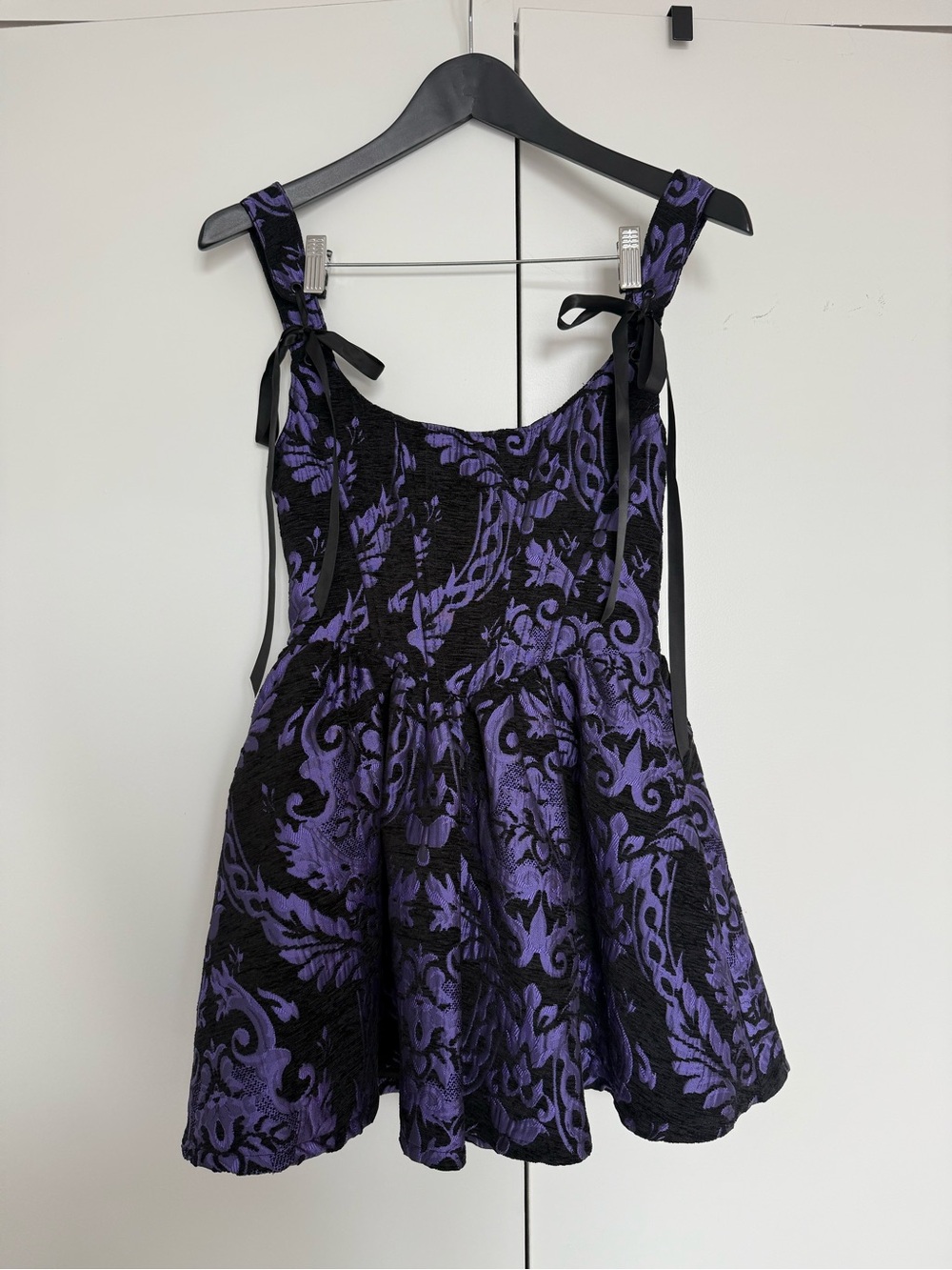 Widow Purple and Black Brocade Tie-Shoulder Mini Dress